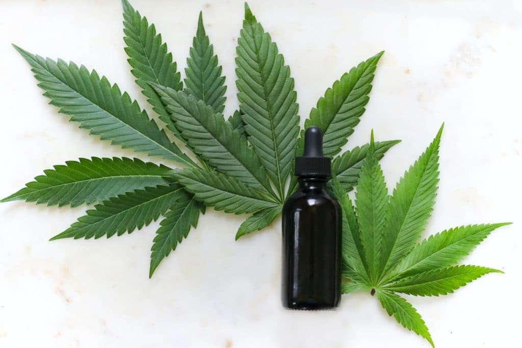 a bottle of cannabis tincture laying on cannabis leaves
