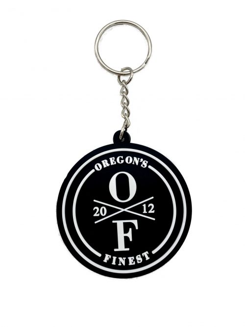 a round rubber oregon's finest keychain
